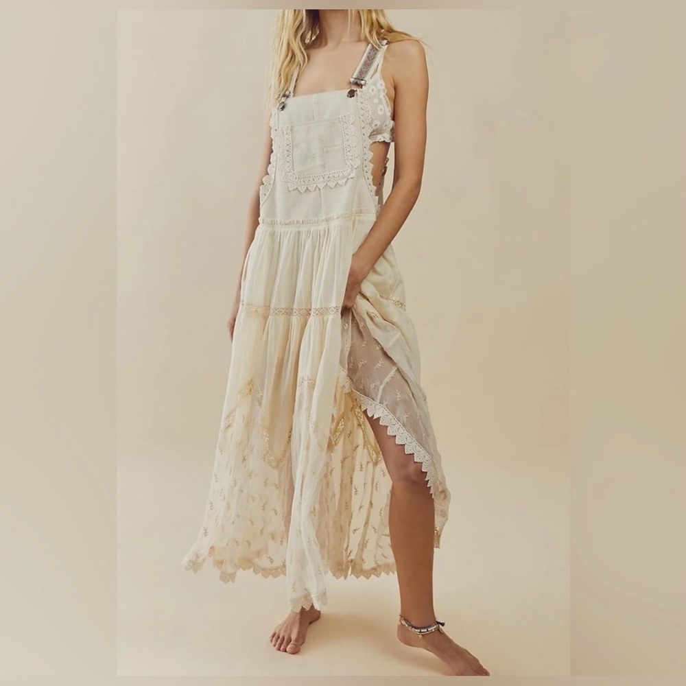 NWOT Cream Lace-Trim Midi Pinafore Dress